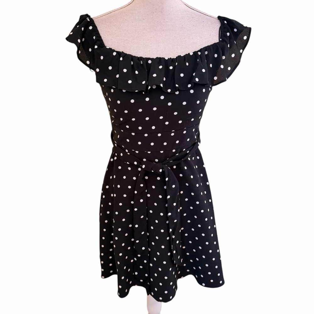 Zara Black with White Polka Dot Off-Shoulder Ruffle Detail Mini Dress M